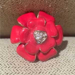 Poppy Red Enamel Flower Ring with Crystal Accents, SZ 5.5